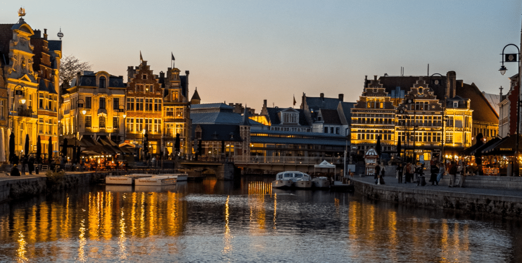 Canal and medieval buildings in the historic center of Ghent evening